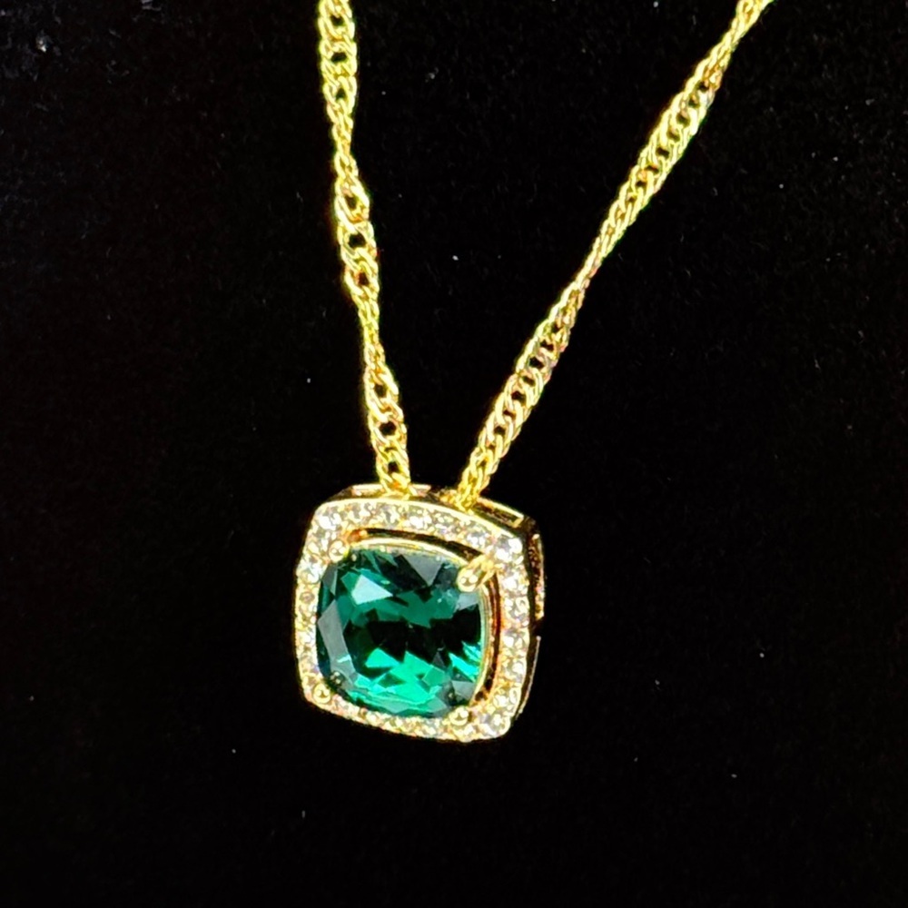 Goldtone Green Cushion Pendant Necklace with Halo Accents - Picture 4 of 8